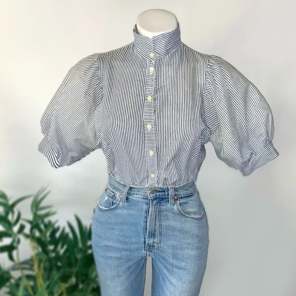v i n t a g e :: Pinstripe Puff Ballon Sleeve Blouse